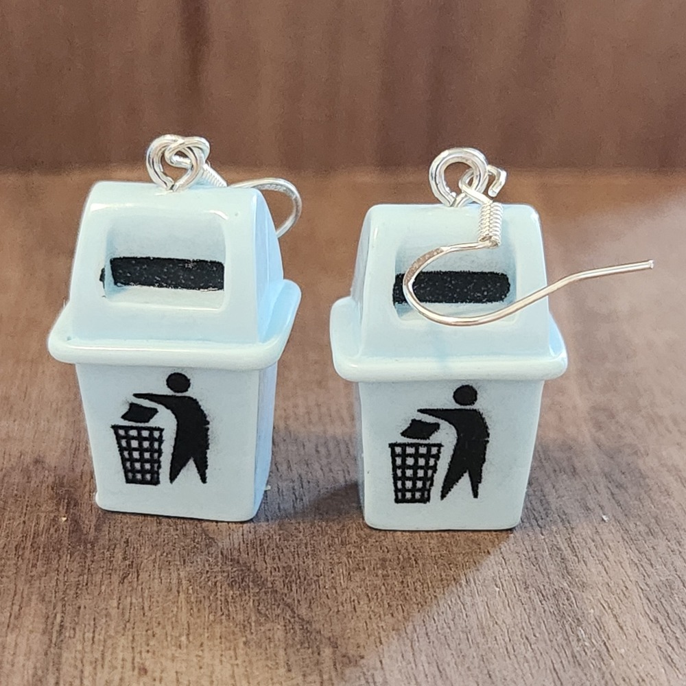 Handmade Novelty Cute Trash Can Earrings Silver Tone Hooks Fun Quirky Earrings